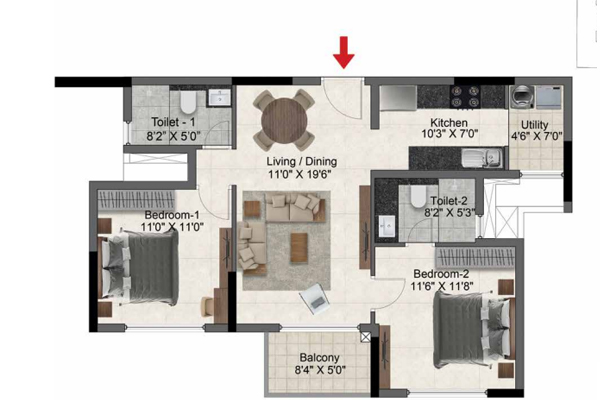 Prestige Glenbrook Apartments 2 BHK Floor Plan