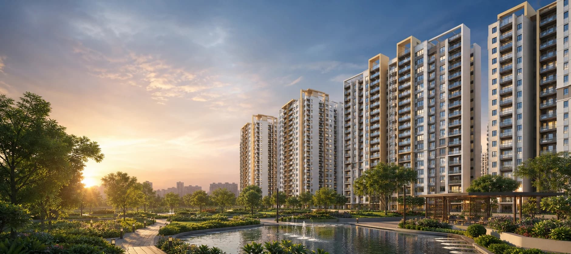 Modern residential community at sunrise