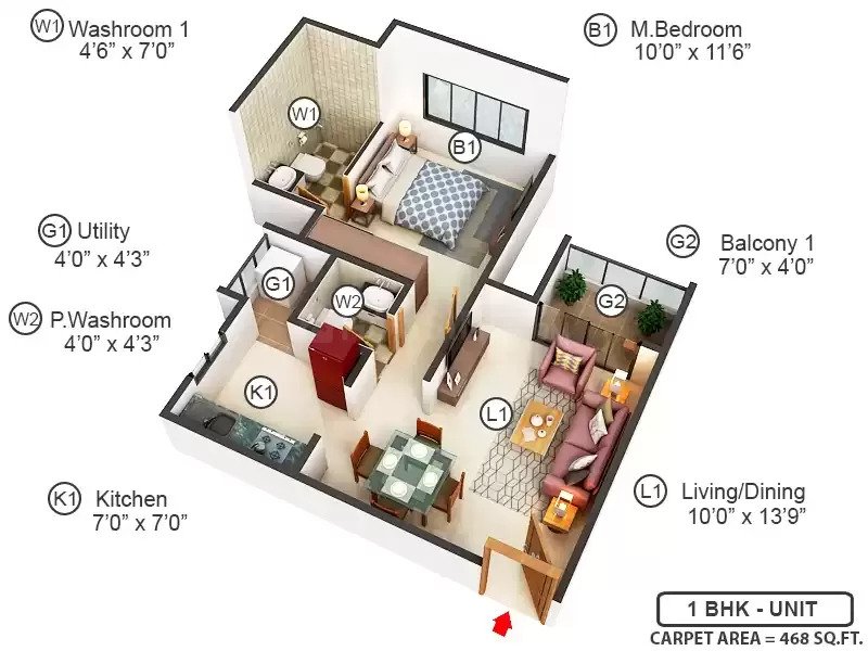 Godrej Green Vistas 1 BHK Floor Plan