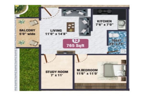 Sr Sky Blue 1 BHK Floor Plan