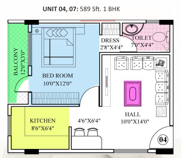 Suncrest Pebbles 1 BHK Floor Plan of 589 sq.ft