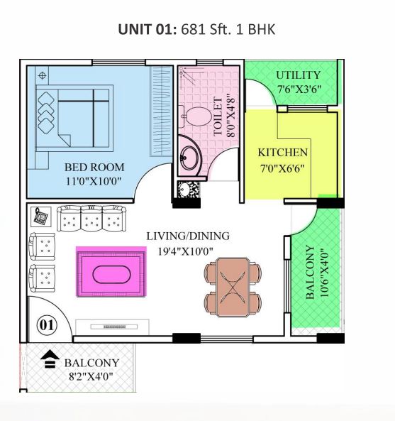 Suncrest Pebbles larg size 1 BHK Floor Plan