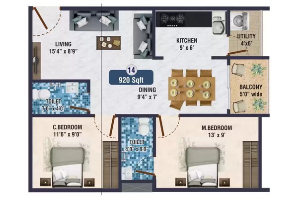 Sr Sky Blue 2 BHK Floor Plan