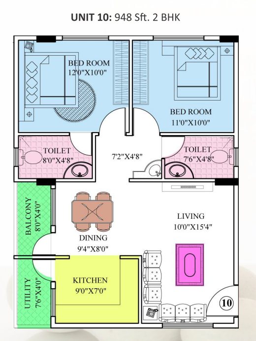 Suncrest Pebbles 2 BHK Floor Plan