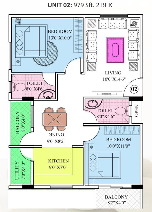 2 BHK Floor Plan of Suncrest Pebbles