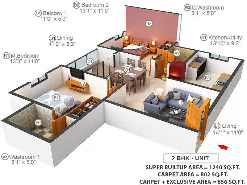 Brigade Cornerstone Utopia 2 BHK Floor Plan