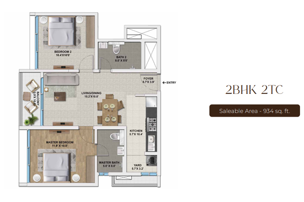 TVS Emerald 2 BHK 2 TC Floor Plan