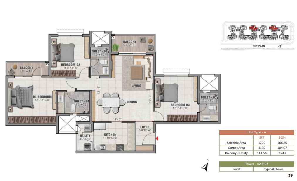 Prestige Elm 3 BHK Floorplan 1120 sq.ft