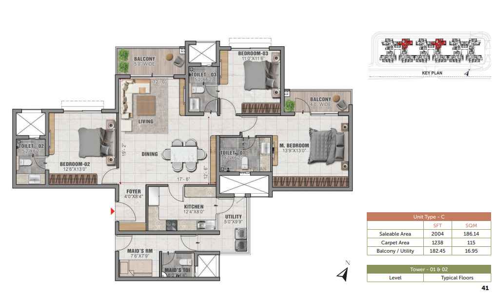 Prestige Elm 3.5 BHk Floorplan 1238 sq.ft