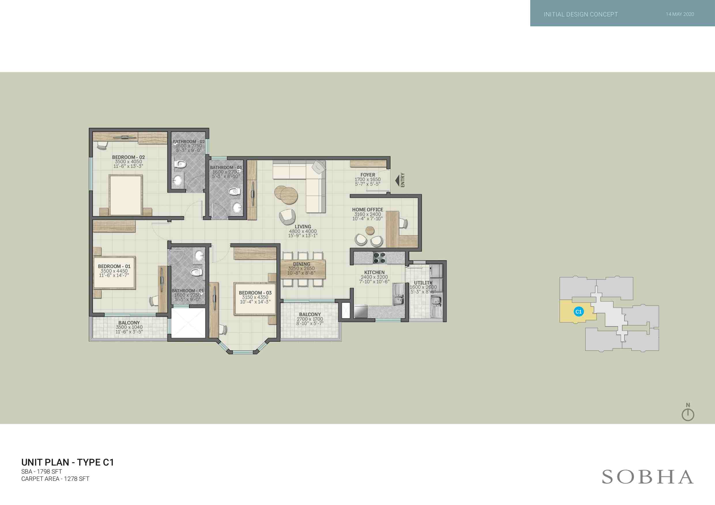 3 Bhk Floor plan for Sobha Victoria Park