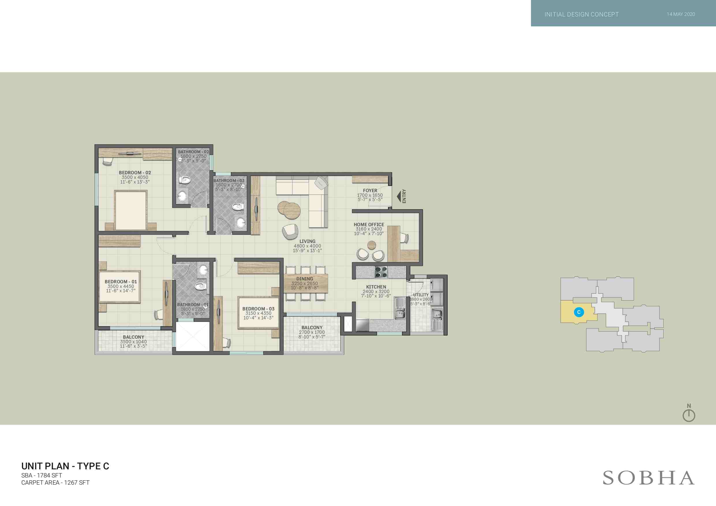 Sobha Victoria Park larger 3 Bhk Floor plan