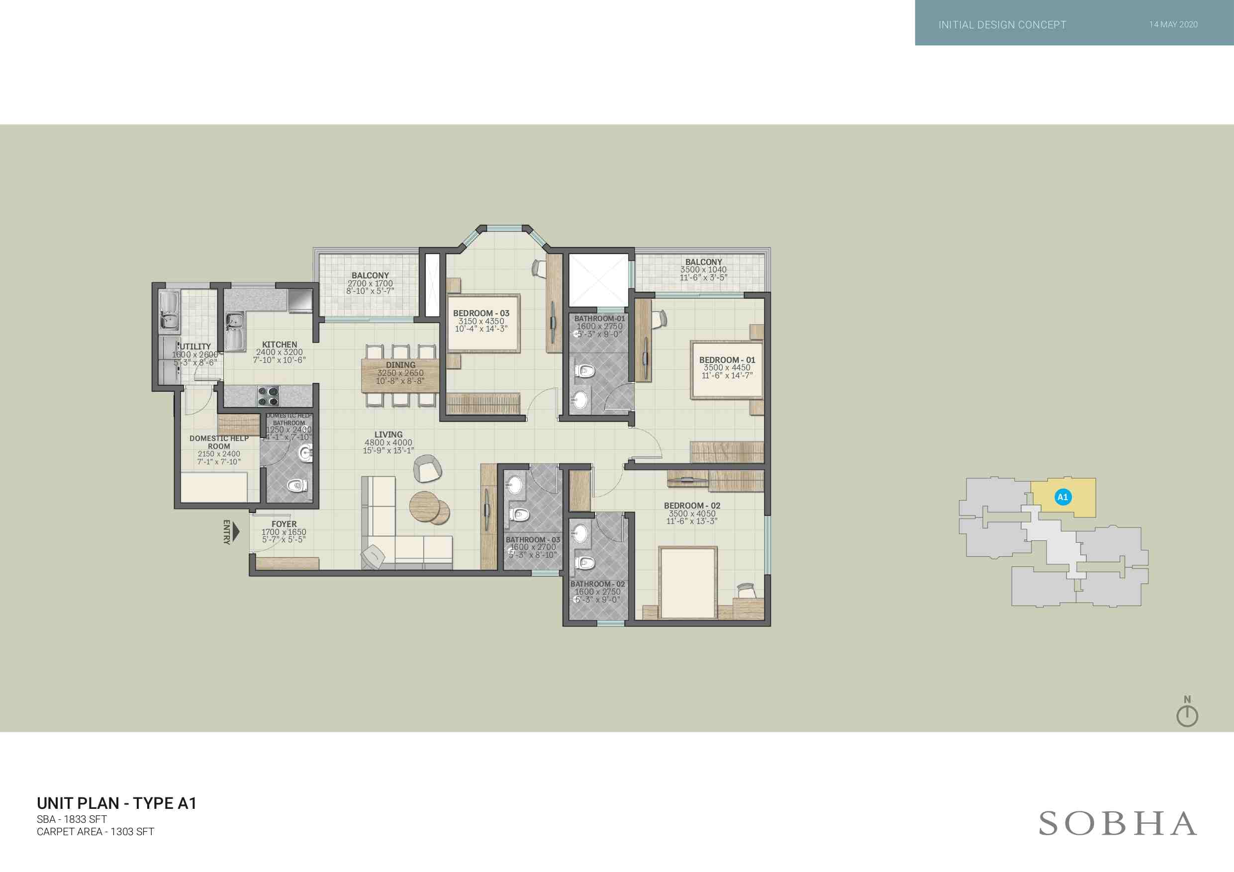 3 BHK Floor Plan of Sobha Victoria Park  Bangalore