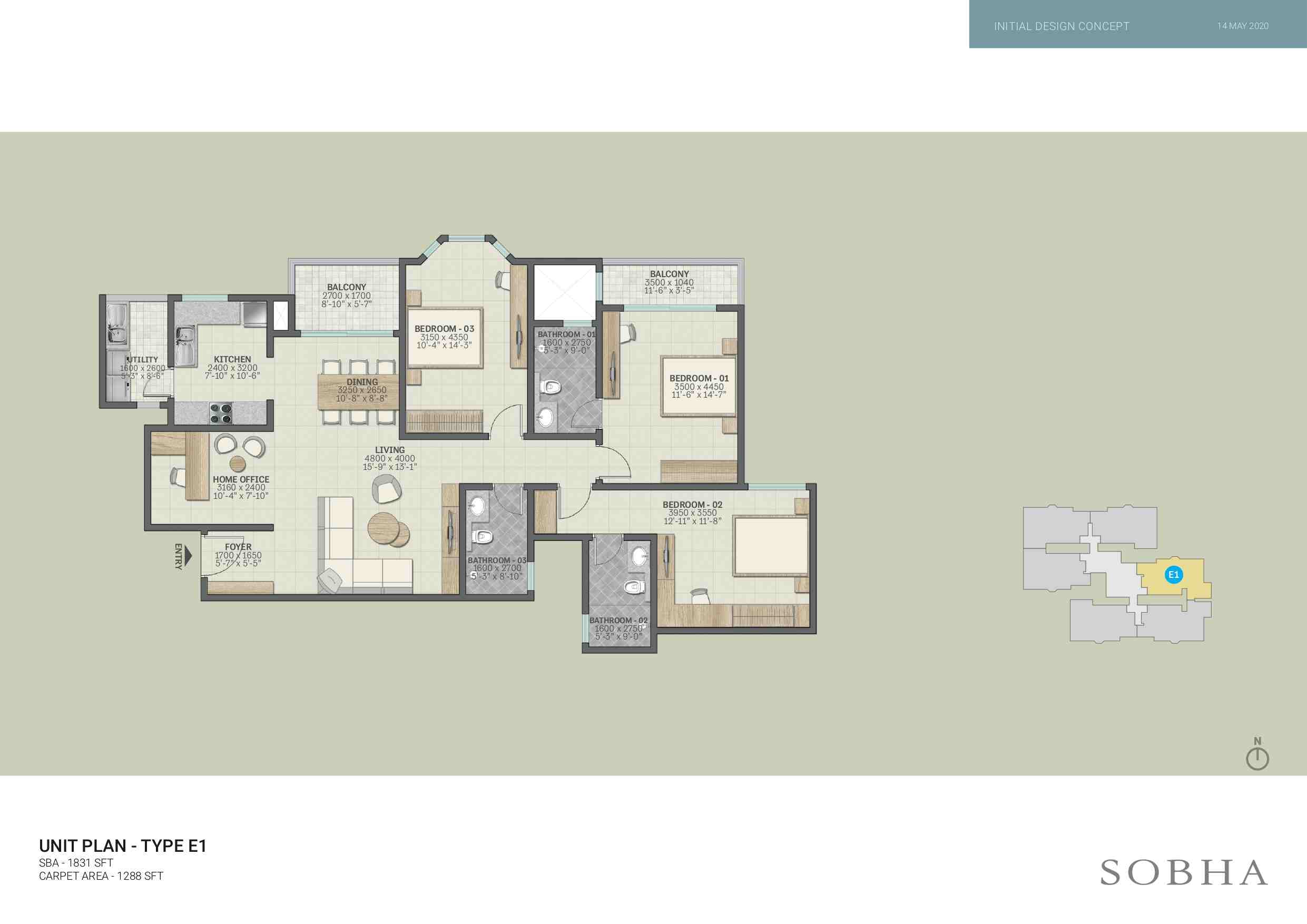 Sobha Victoria Park 3 BHK Floor Plan