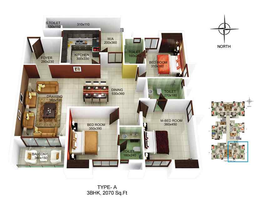 Prestige City 3 BHK Floor Plan of 1865sq.ft.