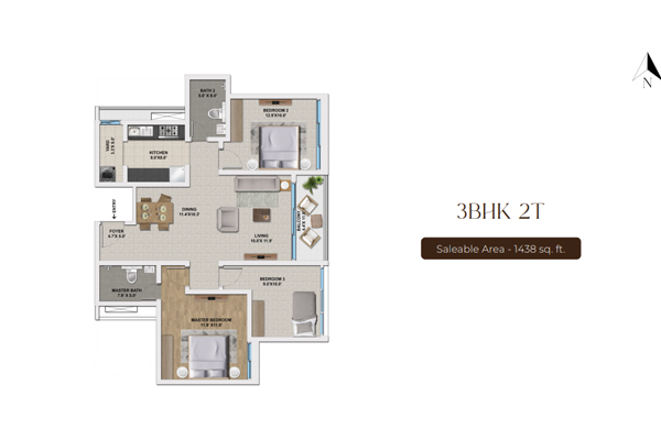 TVS Emerald  Elements 3 BHK 2T Floor Plan