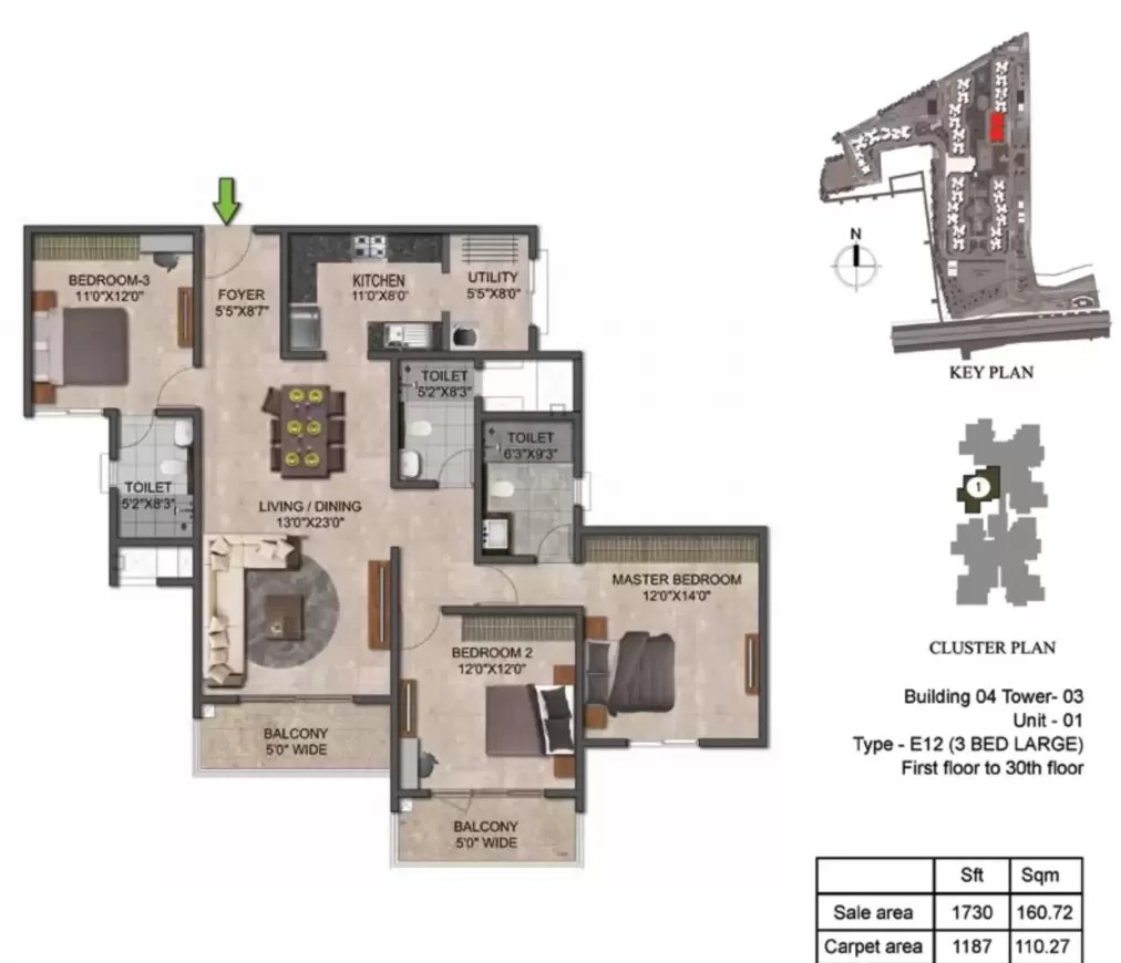 Mahindra Eden 3 BHK Floor Plan