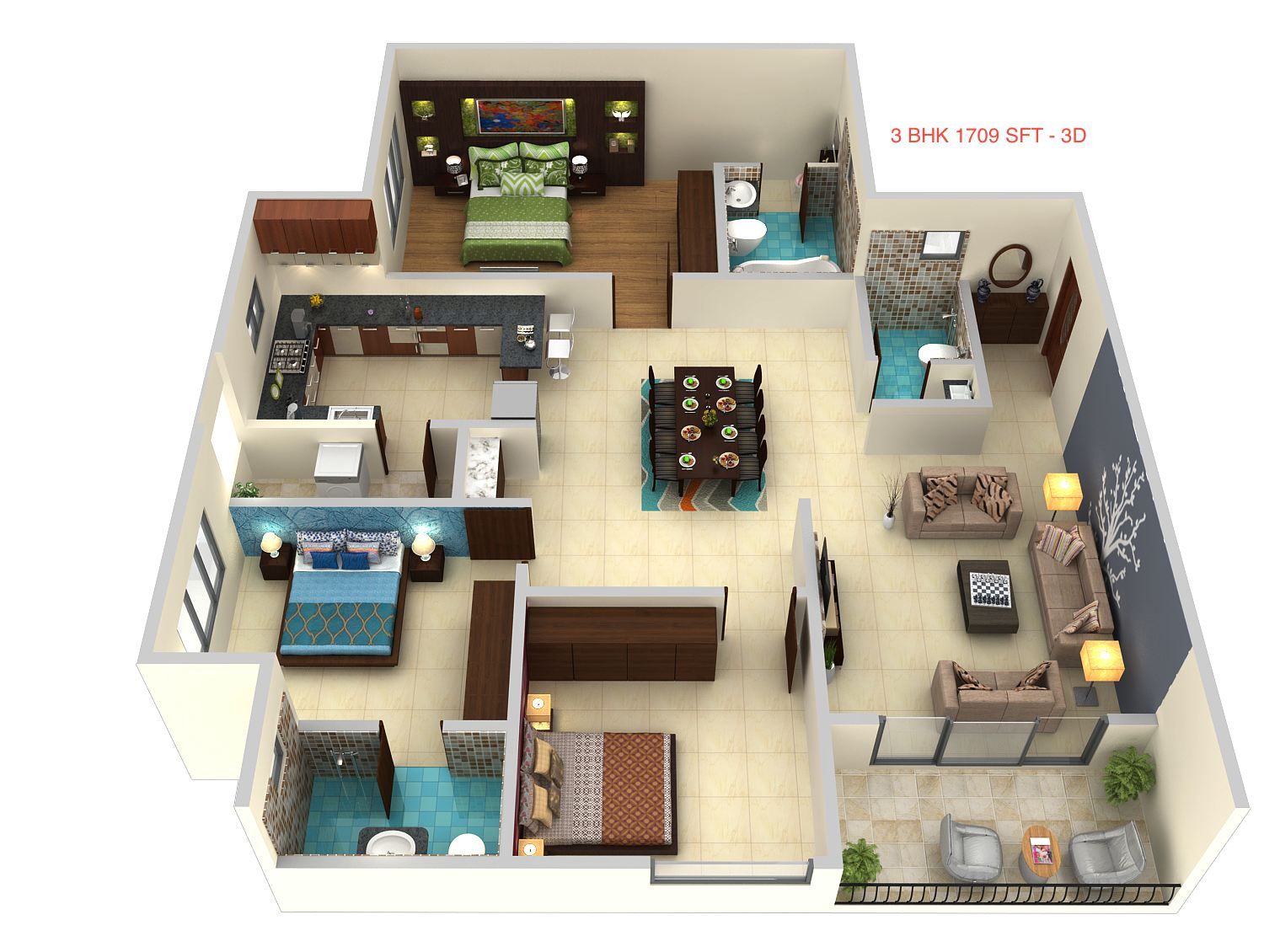 sobha town park 3 bhk floor plan