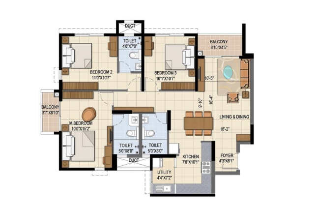 Tvs Emerald Jardin 3 BHK  Larger size Floor Plan