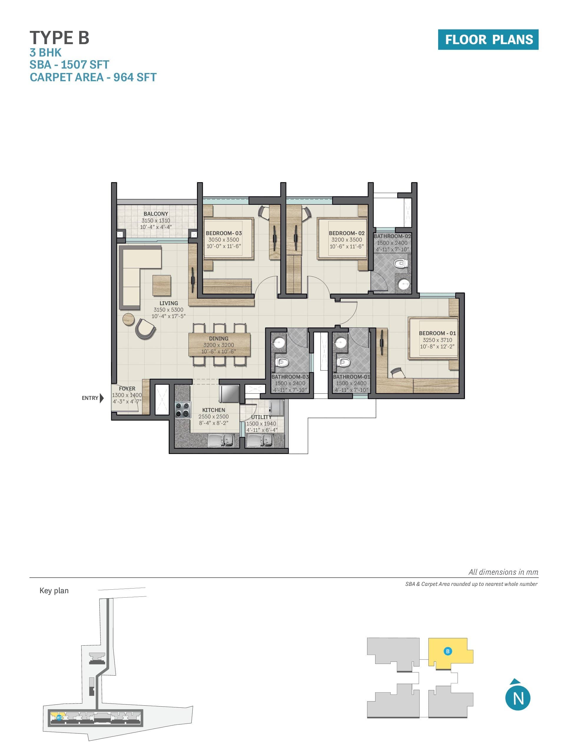 3 Bhk Floor Plan of Sobha Sentosa